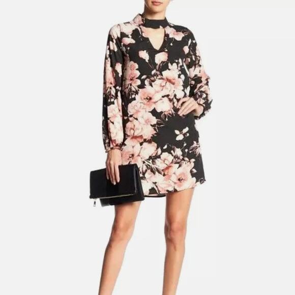 Peach Love California Floral Print Choker Shift Dress Pink BlackLarge Cut-Out - Picture 1 of 9